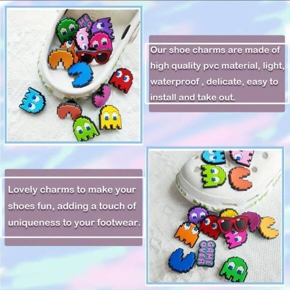 Pac-Man 7-pc Rubber Shoe Charms Game Over Ghost Video Game Arcade 80s Set - Picture 7 of 8